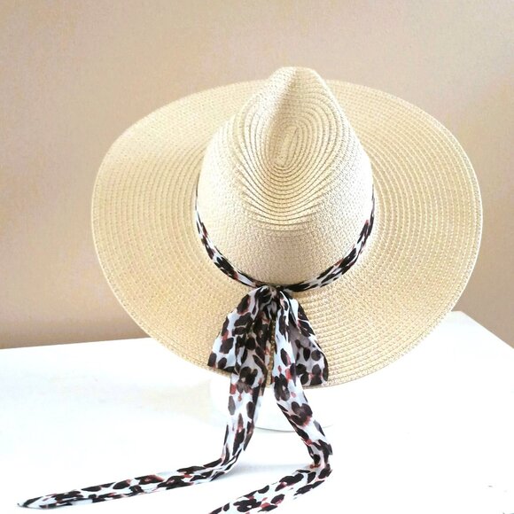 Vince Camuto Paper Straw Hat Cream with Leopard Tie Band Floppy Sun Hat - Picture 3 of 9